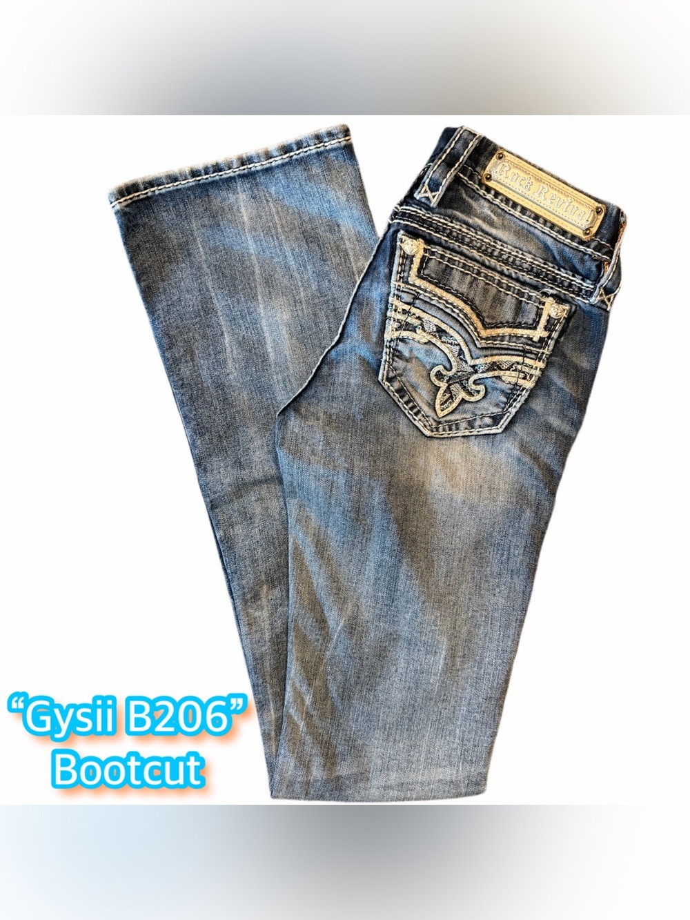 Rock Revival Gysii B206 Bootcut Jeans Women's Size 24 Rhinestone Flap Pocket